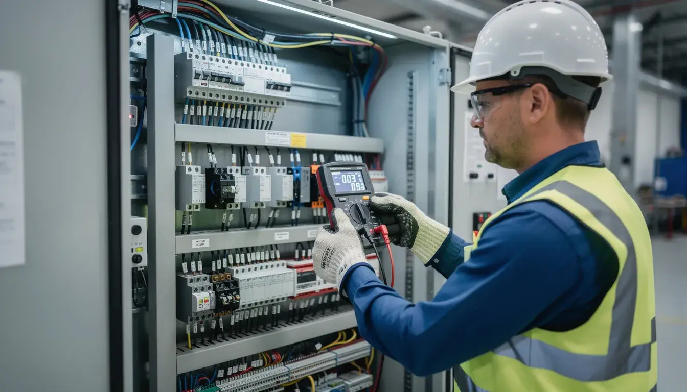 An engineer is using measurement equipment to assess an industrial electrical system